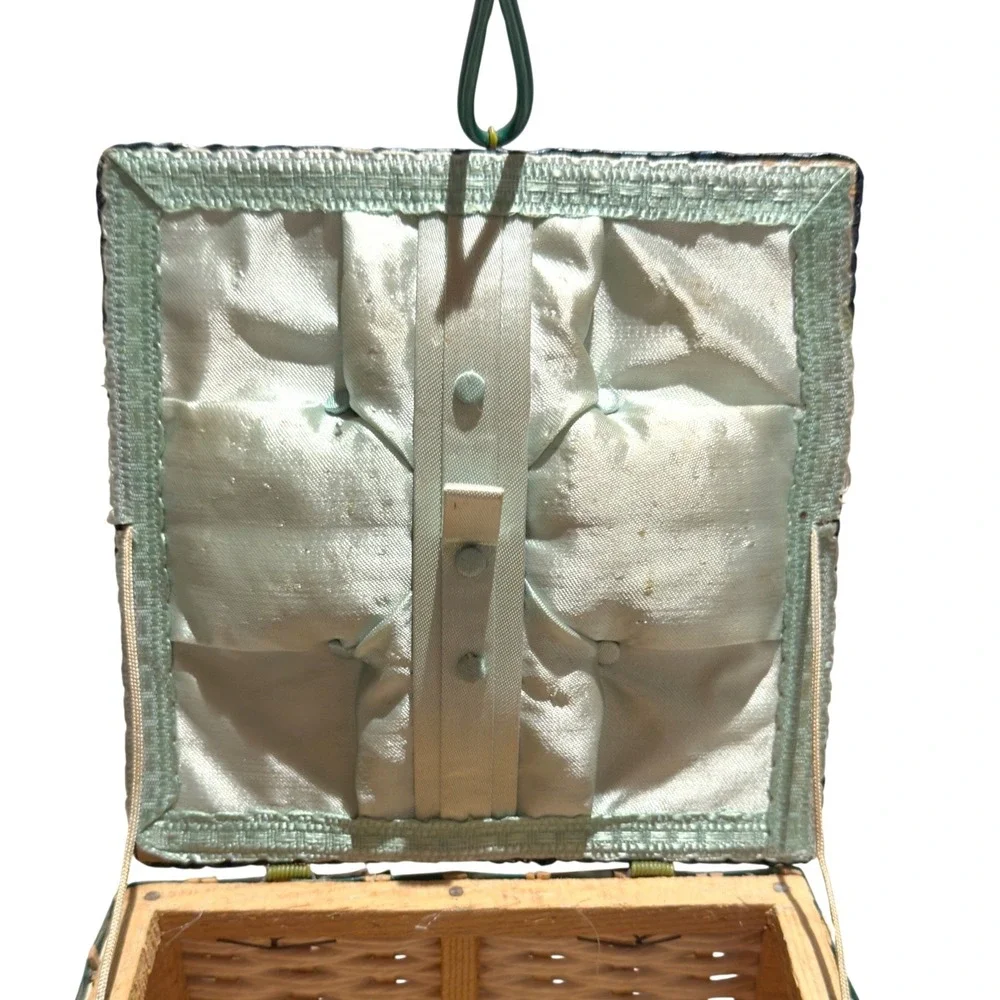 Vintage Japan Wicker Sewing Basket  Cherry Berry Lid Square Box Needs‎ Lining